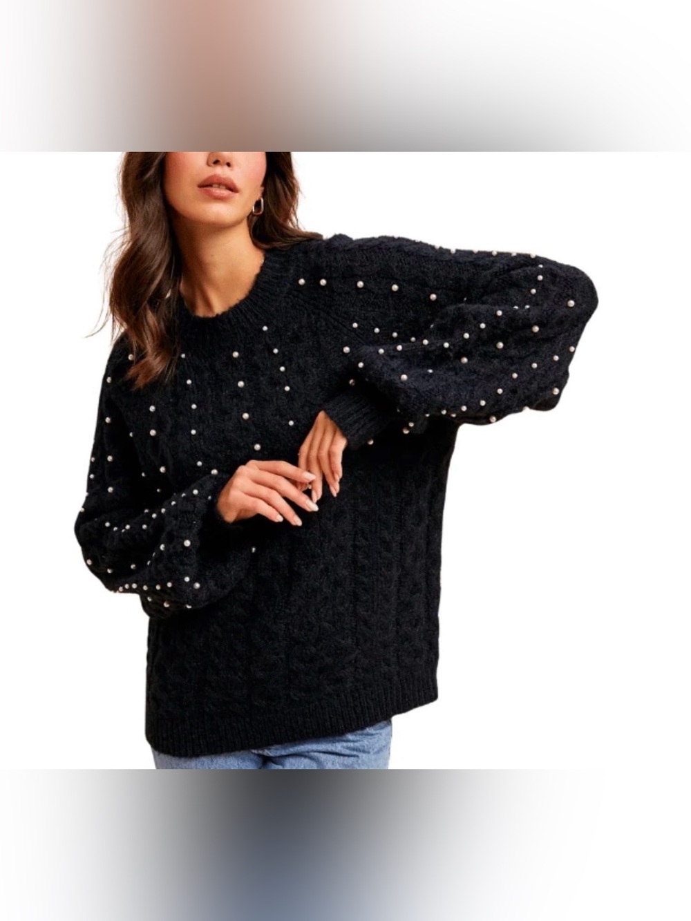 Pearl-Accent Black Cable Crewneck Sweater Wool Blend Baltic Born